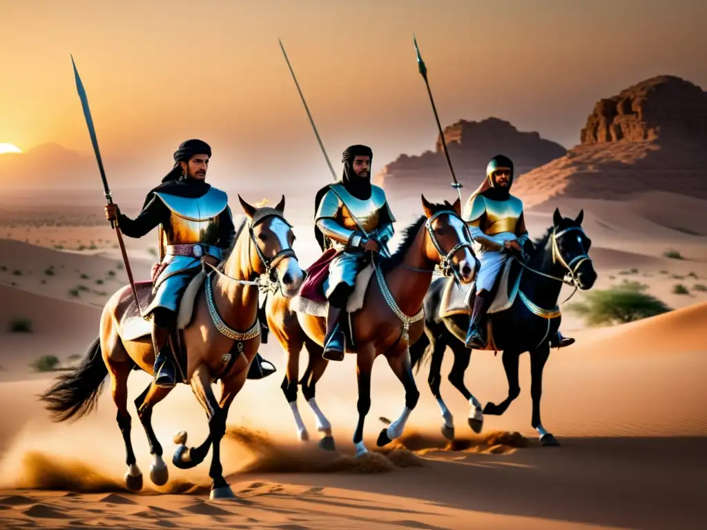 Un grupo de guerreros saudíes a caballo en el desierto al atardecer, reflejando la historia de los saudíes en el Medio Oriente