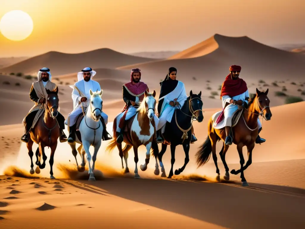 Un grupo de guerreros saudíes cabalga majestuosos caballos árabes en el desierto al atardecer, evocando la historia de los saudíes en el Medio Oriente