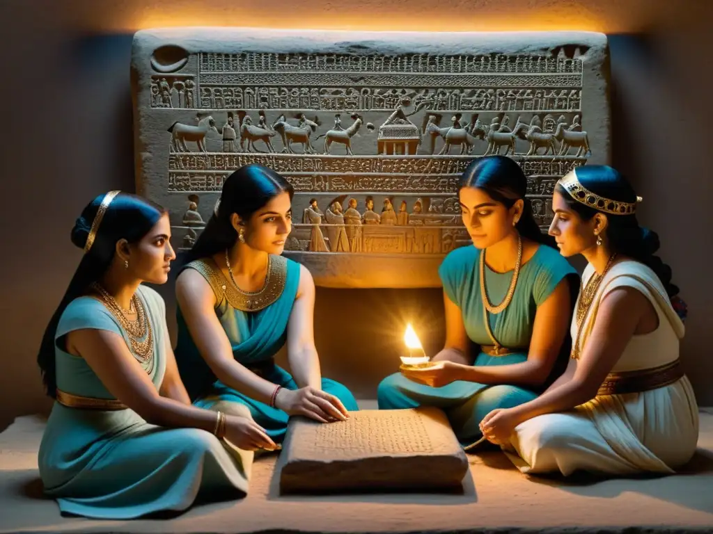 Un grupo de mujeres del antiguo Oriente Antiguo estudian cuneiforme en un ambiente iluminado por lámparas de aceite