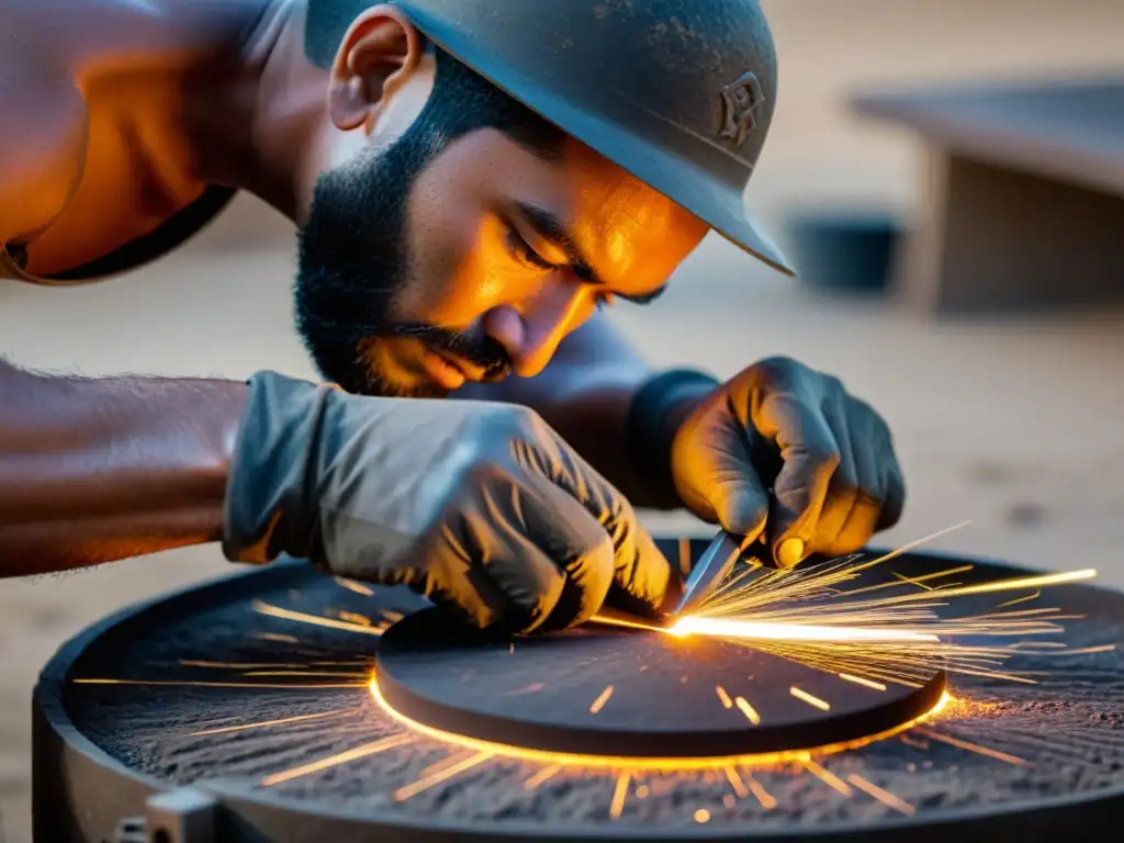 Maestro forjador mesopotámico moldea hierro fundido con destreza Un hábil metalúrgico mesopotámico da forma a un detallado artefacto de hierro con precisión