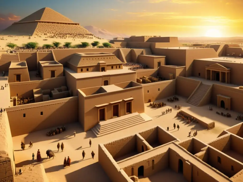 Reconstrucción digital detallada de una ciudad sumeria antigua en 8k sepia Maravillosa reconstrucción histórica sumeria en un detallado 8k, mostrando la vida diaria en la antigua ciudad