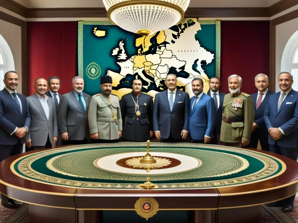 Reunión histórica en la mesa otomana con diplomáticos europeos, reflejando tensiones y cooperación