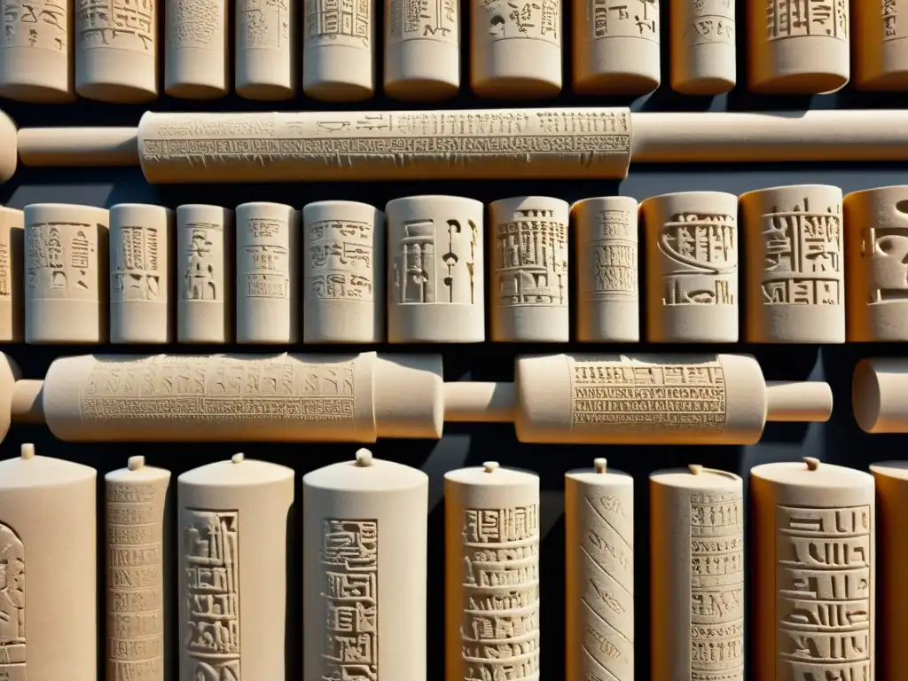 Una imagen sepia de cilindros de sellos sumerios de arcilla con intrincados diseños y escritura cuneiforme