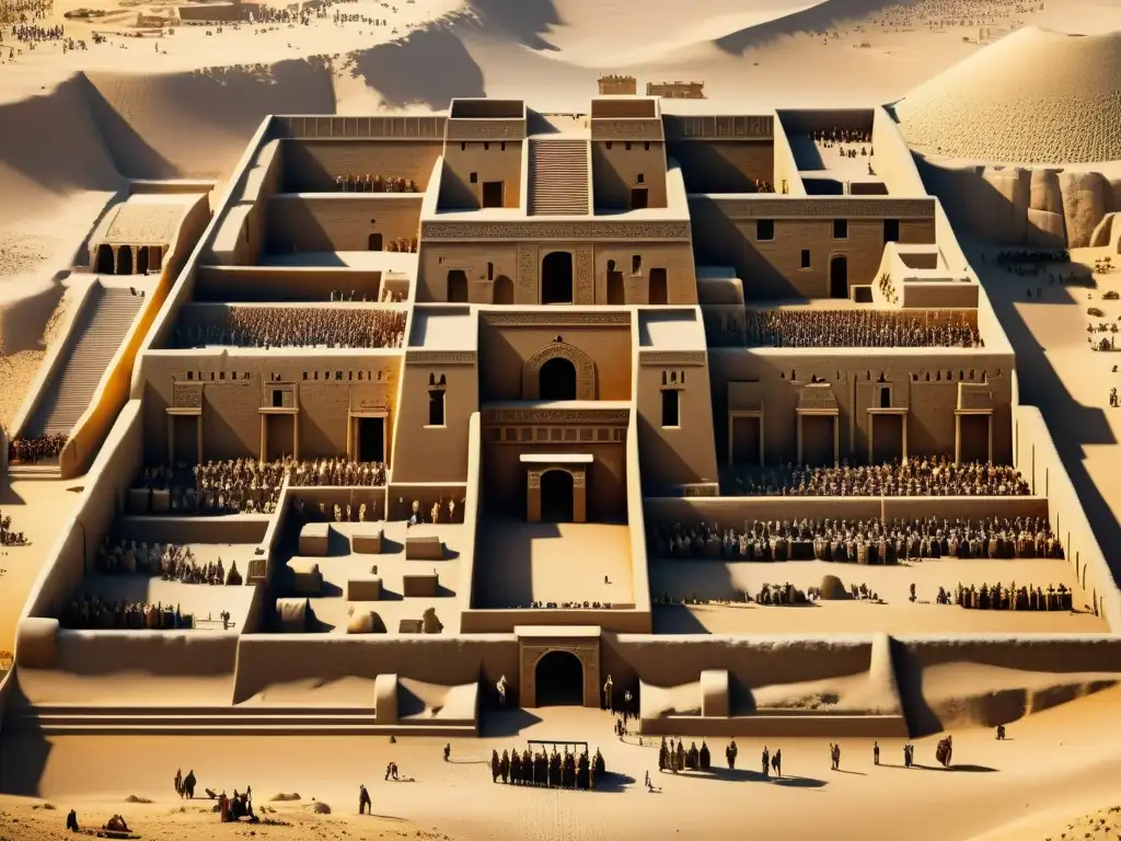 Una imagen detallada en sepia de la antigua ciudad de Uruk durante la vibrante civilización sumeria del Poema épico Gilgamesh