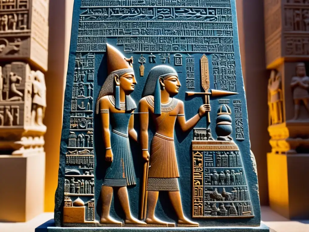 Una imagen detallada en sepia del código de Hammurabi en Babilonia, destacando inscripciones y ruinas antiguas