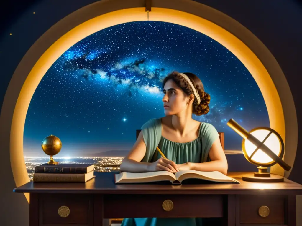 Una imagen detallada de Hipatia en su estudio, rodeada de instrumentos astronómicos antiguos y pergaminos, mirando al cielo nocturno a través de un telescopio, en un ambiente iluminado tenue que resalta las contribuciones de las mujeres en la astronomía antigua