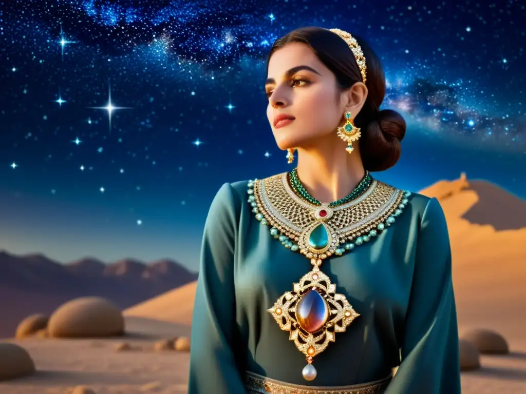 Retrato detallado de un rey persa con collar celestial Una imagen detallada en sepia de un rey persa con un collar celestial representando constelaciones, en un cielo estrellado