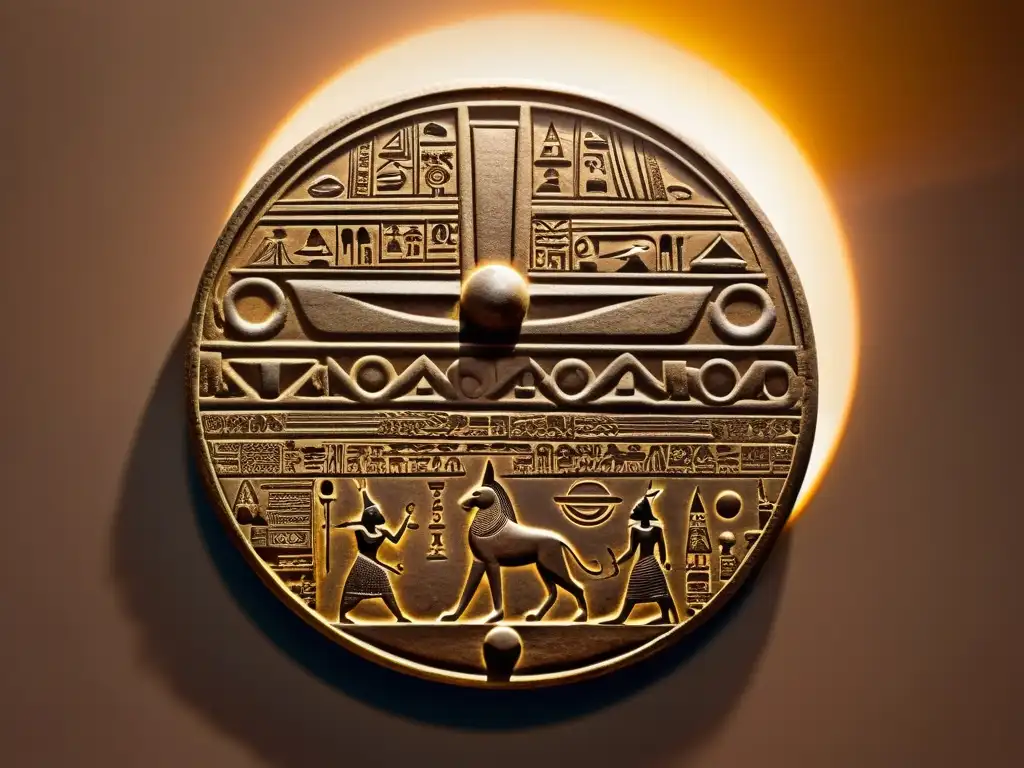 Imagen en sepia de Disco Solar de Sabu, artefacto misterioso egipcio, bañado en cálido resplandor dorado, con enigmáticas inscripciones jeroglíficas