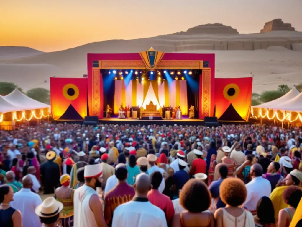 Imagen sepia de festival de música contemporánea con multitud bailando, evocando la alegría asociada a la deidad Hathor: música, danza divina