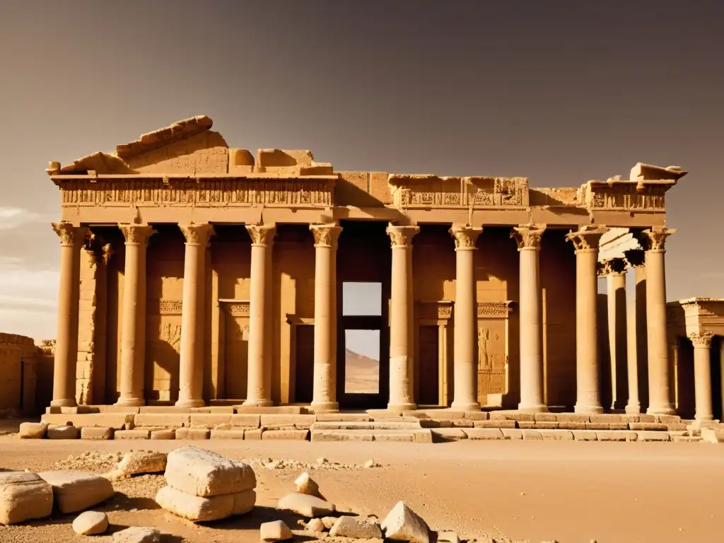 Imagen sepia del imponente Templo de Bel en Palmyra, Siria, evoca la grandeza de los templos y altar en Mesopotamia