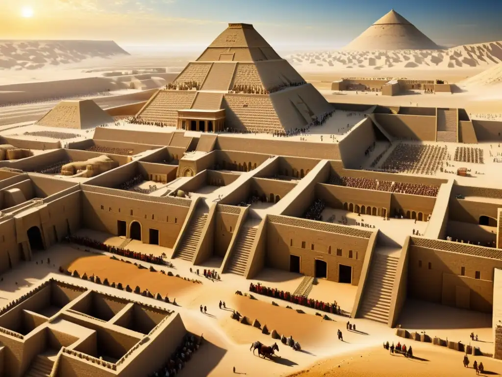 Una imagen sepia detallada de la antigua ciudad de Uruk, del Poema épico Gilgamesh, con sus imponentes murallas, ziggurat, bullicioso mercado y habitantes vestidos con atuendos sumerios, bajo el sol abrasador de Mesopotamia