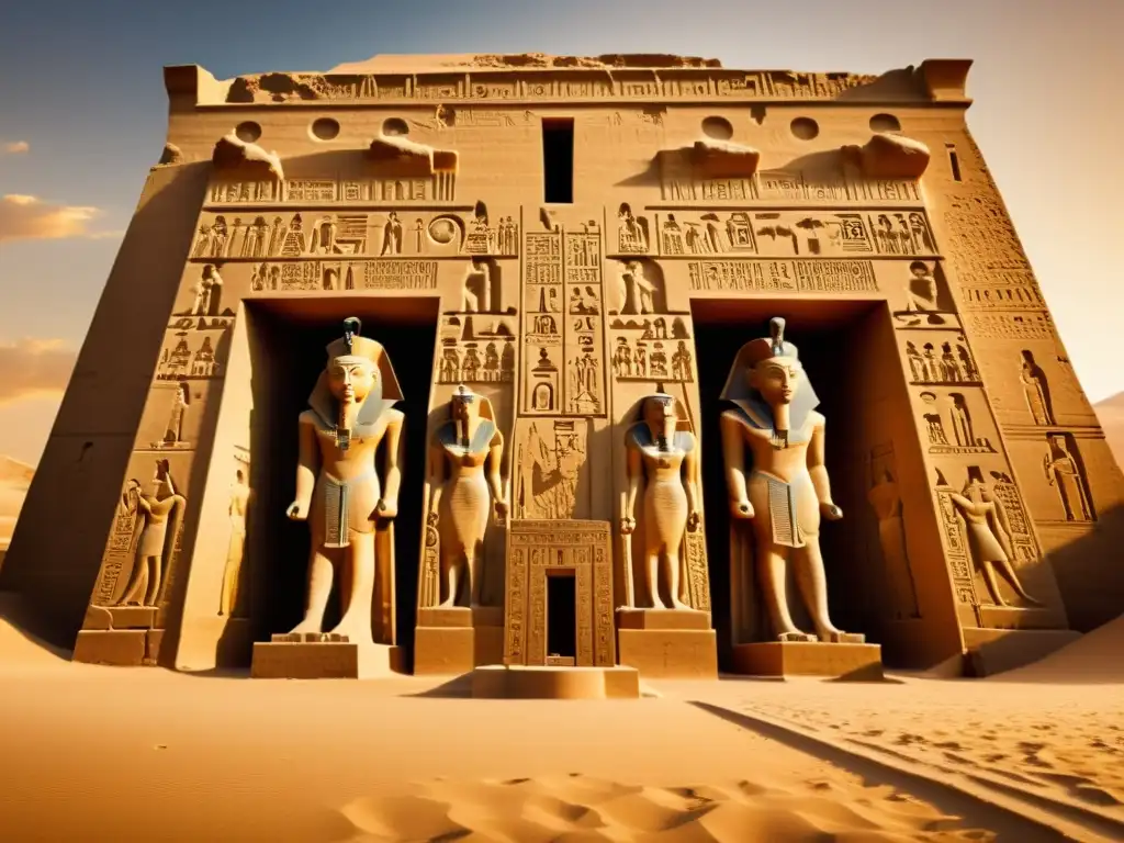 Imagen sepia de templo egipcio dedicado a la diosa Hathor, con columnas, estatuas y jeroglíficos detallados
