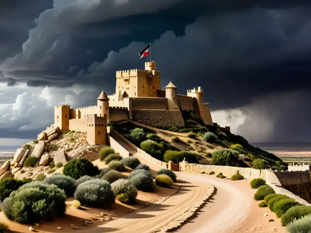 Imponente castillo cruzado en desierto tormentoso resalta la supervivencia de los Estados Cruzados