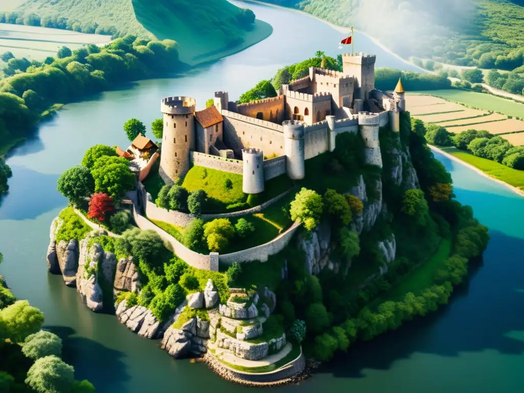 Imponente fortaleza medieval en acantilado rodeada de exuberante vegetación y río serpenteante, destacando la supervivencia de los Estados Cruzados