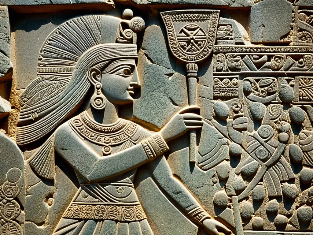 Una imponente mujer en el Imperio Hitita, vestida con atuendo ceremonial y símbolos de poder, mirada regia