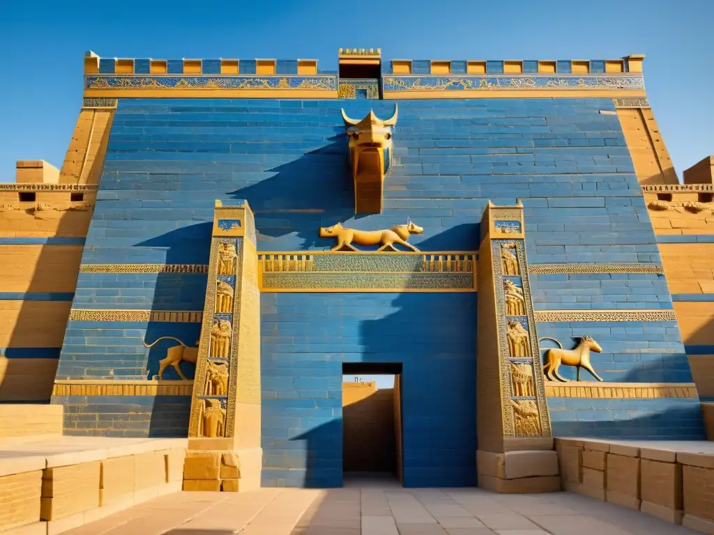 Imponente Puerta de Ishtar en Babilonia, con dragones y toros en ladrillos azules y dorados, símbolo de las Conquistas del Oriente Medio Antiguo