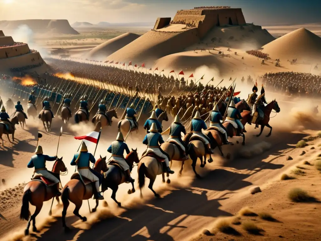 Épica Batalla de Kadesh: Ejércitos Egipcio y Hitita en Combate Impresionante representación en sepia de la Batalla de Qadesh, con ejércitos egipcios y hititas en combate feroz