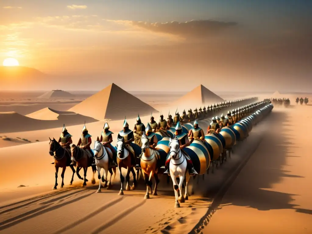 Batalla de Qadesh: Antigua formación de carros egipcios en el desierto Impresionante recreación histórica de la Batalla de Qadesh: antiguos carros egipcios y soldados en formación en el desierto