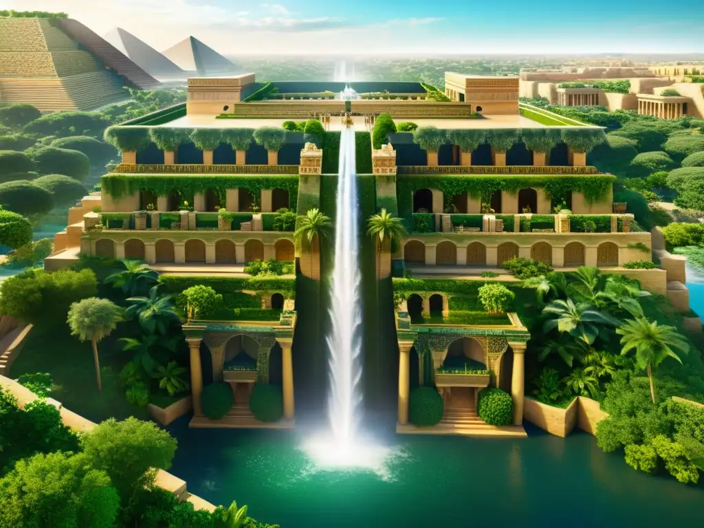 Impresionante imagen en sepia de las Terrazas Colgantes de Babilonia, evocando mitos y arqueología