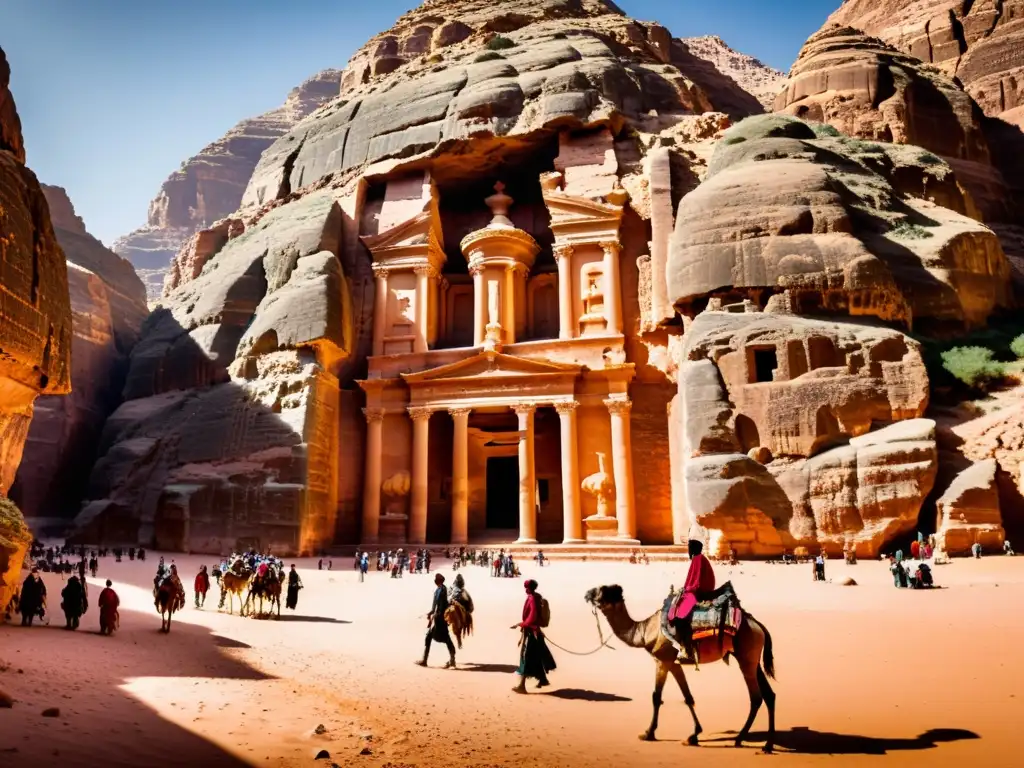 Tesoro de Petra en Sepia: Belleza Histórica en Jordania Un impresionante retrato sepia de Petra en Jordania, con el Tesoro esculpido en acantilados rosados y personas beduinas en el Siq