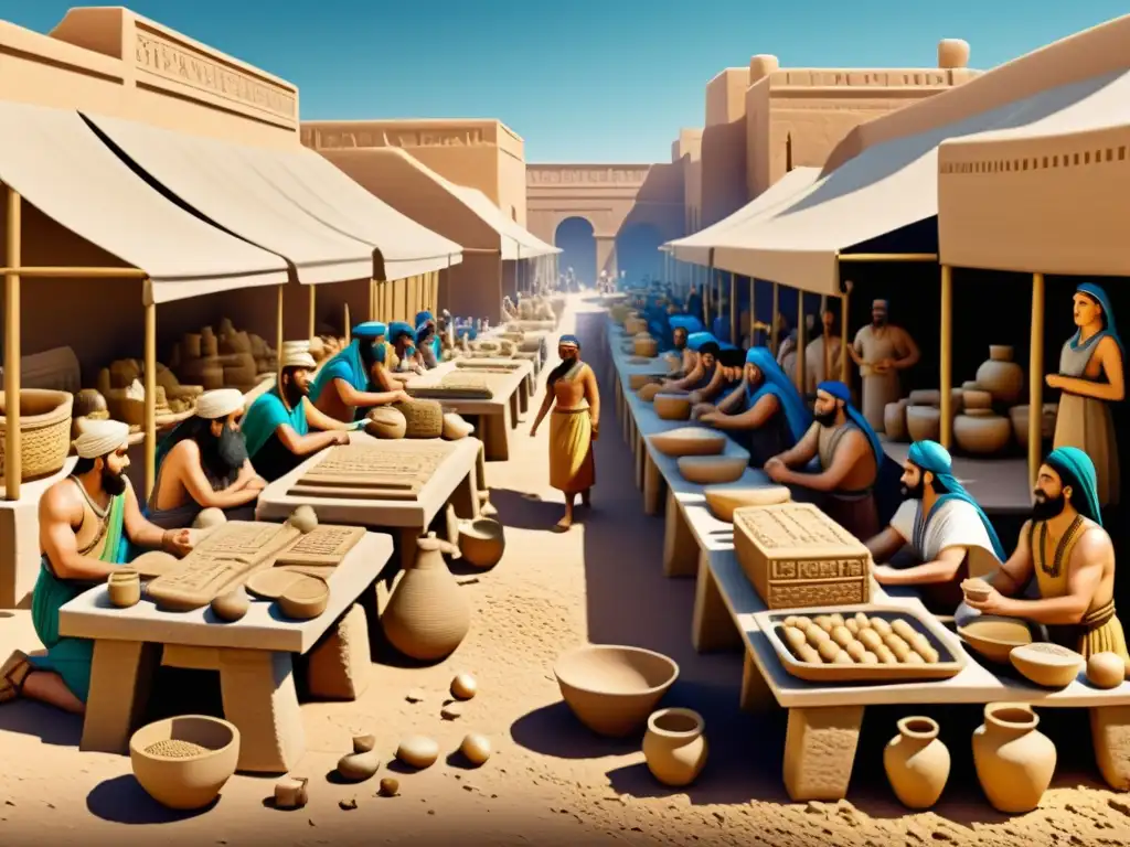 Mercado antiguo de Mesopotamia: intercambio cultural y lingüístico Integración cultural de acadios y sumerios en un animado mercado mesopotámico