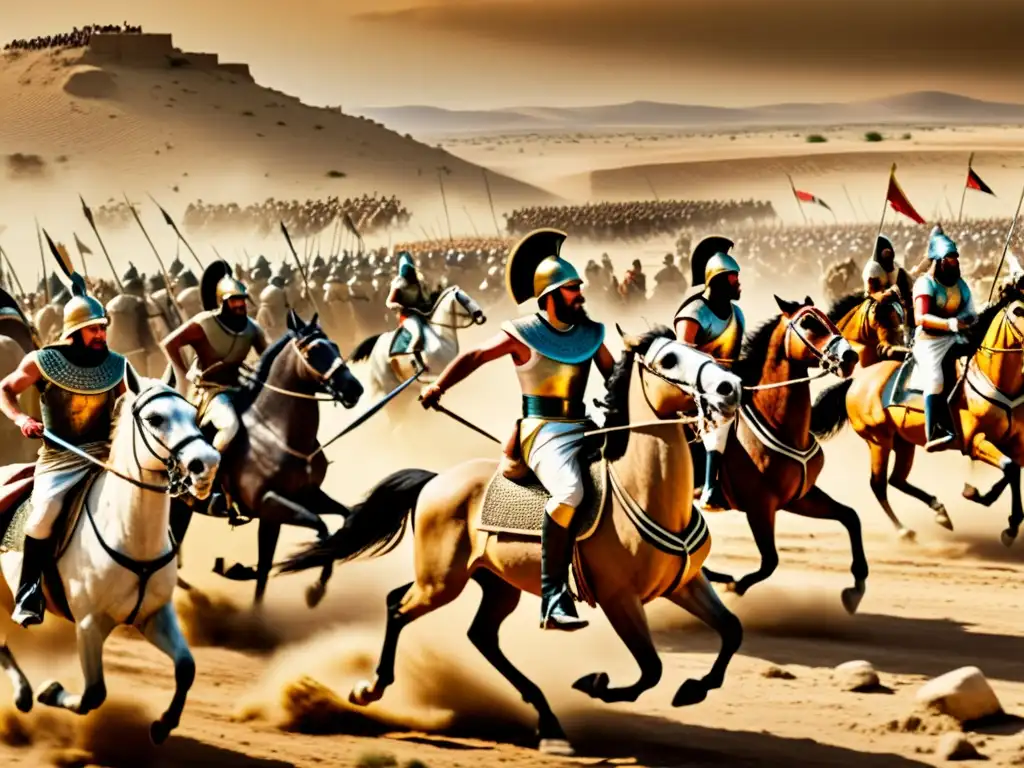 Batalla de Qadesh: Caos y gloria en sepia Intensa batalla de Qadesh: ejércitos egipcios y hititas chocan en el campo de batalla, reflejando caos y ferocidad