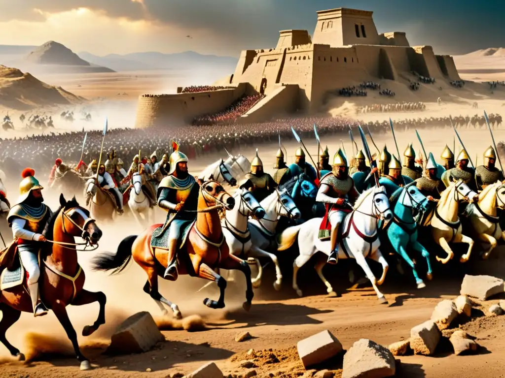 Batalla de Qadesh: detallada escena de caos y guerra épica en sepia Intenso combate en la Batalla de Qadesh historia militar: soldados egipcios y hititas luchando en caballos y carros, entre polvo y ruinas antiguas