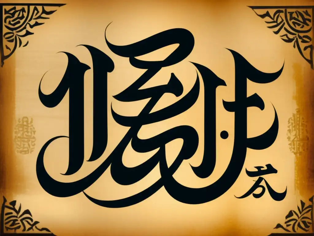 Caligrafía oriental ancestral en sepia Una representación intrincada en sepia de caligrafía antigua del Este, evocando historia y sabiduría