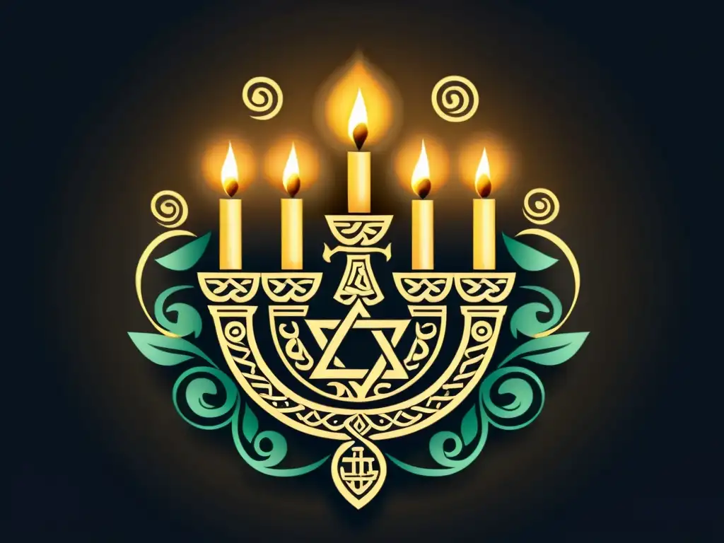 Menorah mística: símbolos paganos entrelazados Intrincada ilustración de una menorá con símbolos paganos entrelazados, brillando en la oscuridad