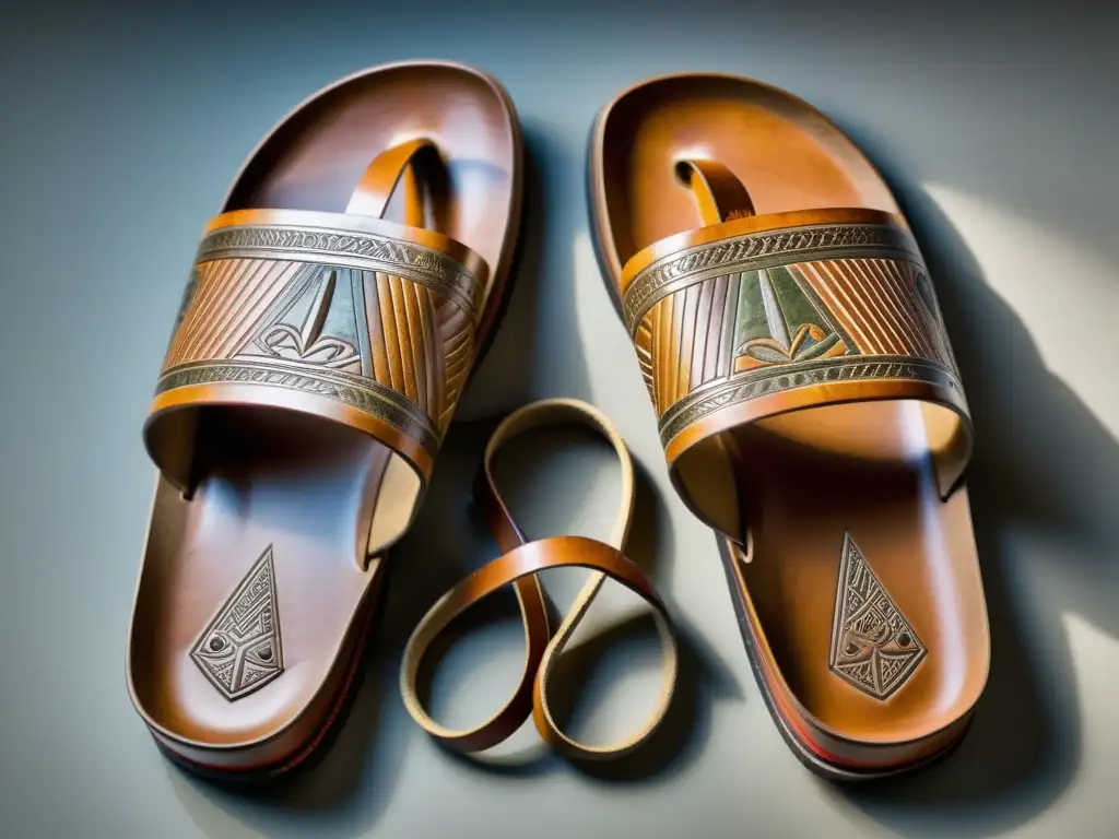 Sandalias de cuero asirias: detalle y arte ancestral Intrincadas sandalias de cuero asirio con detalles ornamentales, reflejando la evolución del calzado en Mesopotamia