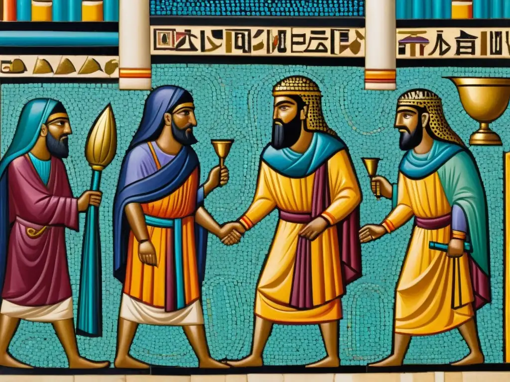 Intrincado mosaico de espías antiguos en un mercado del Oriente Antiguo, con figuras de la Guerra Fría observando