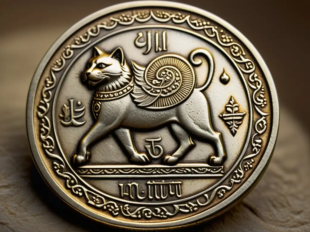 Intrincado simbolismo en moneda persa antigua, desgastada por el tiempo