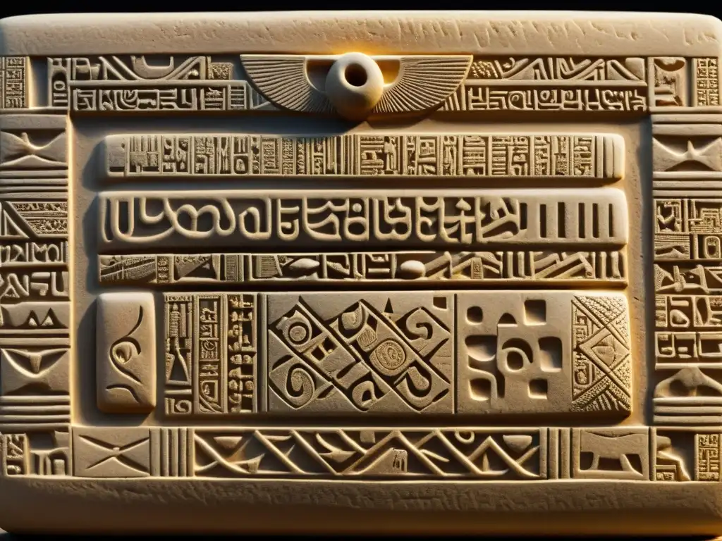 Redescubriendo invenciones mesopotámicas olvidadas: Detalle de una tableta de arcilla con escritura cuneiforme y patrones geométricos iluminados por una luz dorada suave