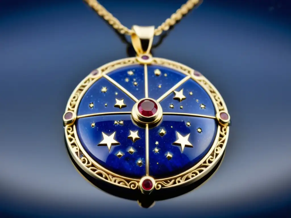 Colgante sumerio celestial en lapislázuli y oro con zodiaco Una joya antigua con mapa celestial y signos zodiacales en lapislázuli y oro, adornada con rubíes y esmeraldas