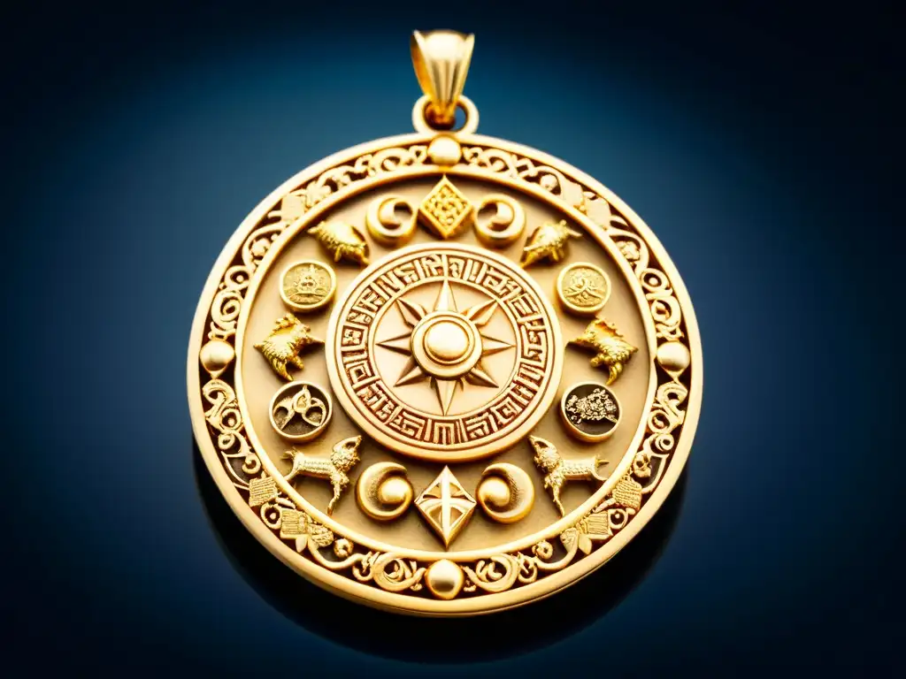 Amuleto zodiacal antiguo: detallado y celestial Una joya antigua tallada con los doce signos zodiacales rodeados de detalles ornamentales
