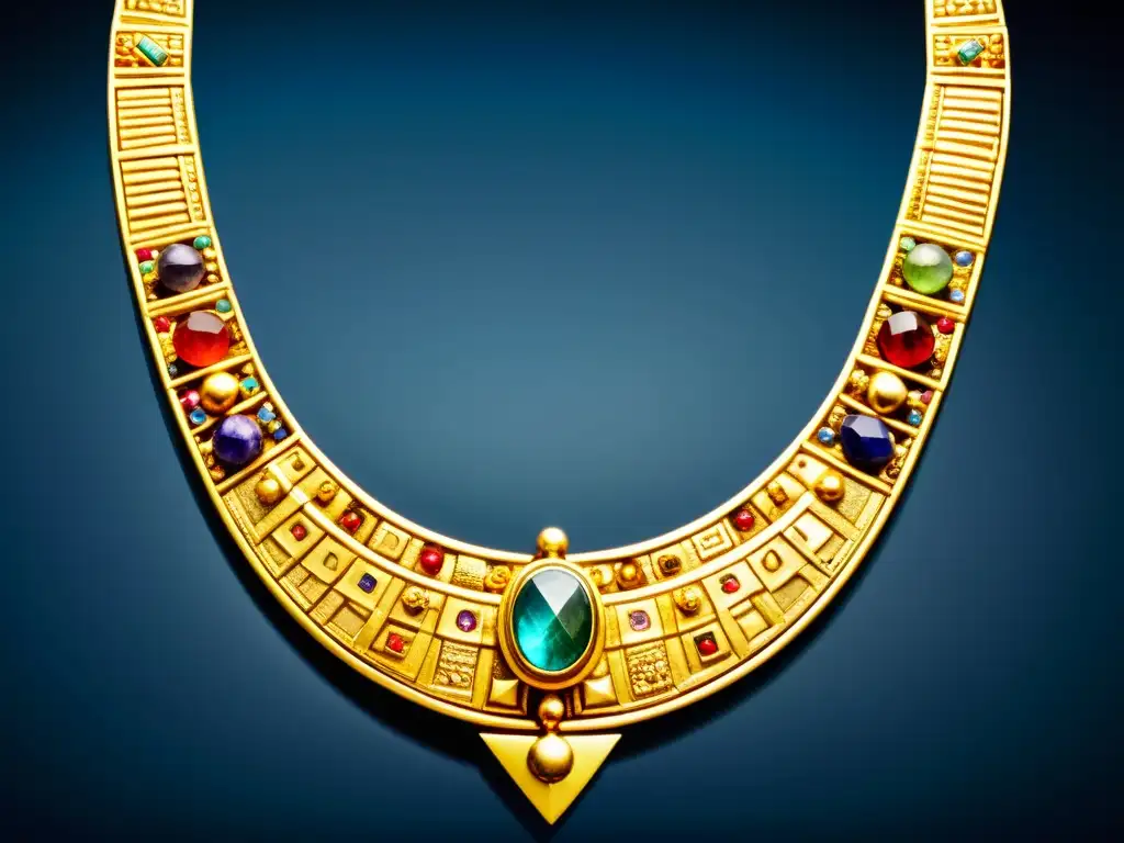 Collar sumerio de oro y gemas: arte ancestral Una joya artística de las civilizaciones sumerias: collar de oro y gemas con figuras mitológicas y patrones intrincados