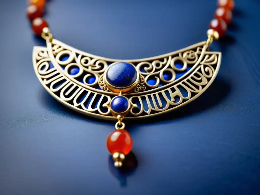 Collar sumerio: opulencia y artesanía ancestral Una joya artística sumeria con detallado collar dorado, lapislázuli y carnelian, sobre tablillas cuneiformes
