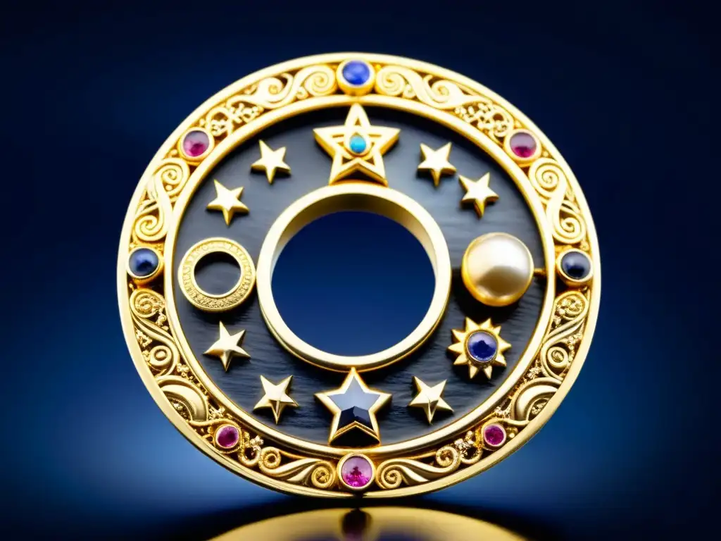 Joyas hititas: arte celestial y astrológico en sepia Una joya hitita con motivos celestiales como estrellas, lunas y símbolos zodiacales