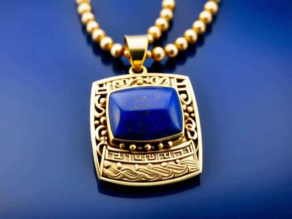 Amuleto sumerio dorado con criatura mítica Joyas artísticas civilizaciones sumerias: Amuleto dorado con inscripciones cuneiformes, cuentas de lapislázuli y filigrana ornamental