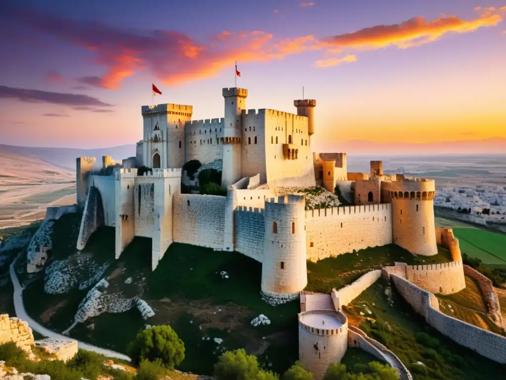 Legado arquitectónico de las Cruzadas: Castillo de Krak des Chevaliers al atardecer, con sus detalladas piedras y altas torres en Siria