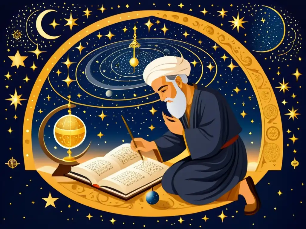 Explorando el legado astronómico del Islam temprano con un detallado astrónomo estudiando el cielo estrellado