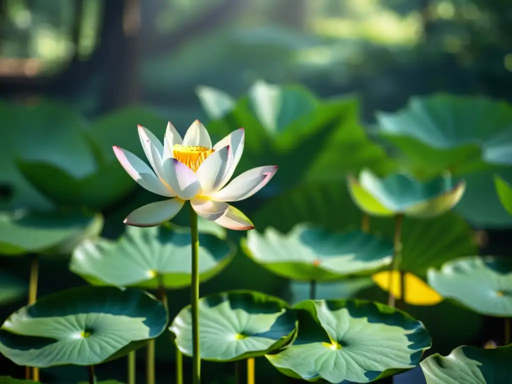 Un loto delicado florece en un estanque sereno, rodeado de exuberantes hojas verdes y reflejando la suave luz del sol filtrándose a través del denso dosel del bosque