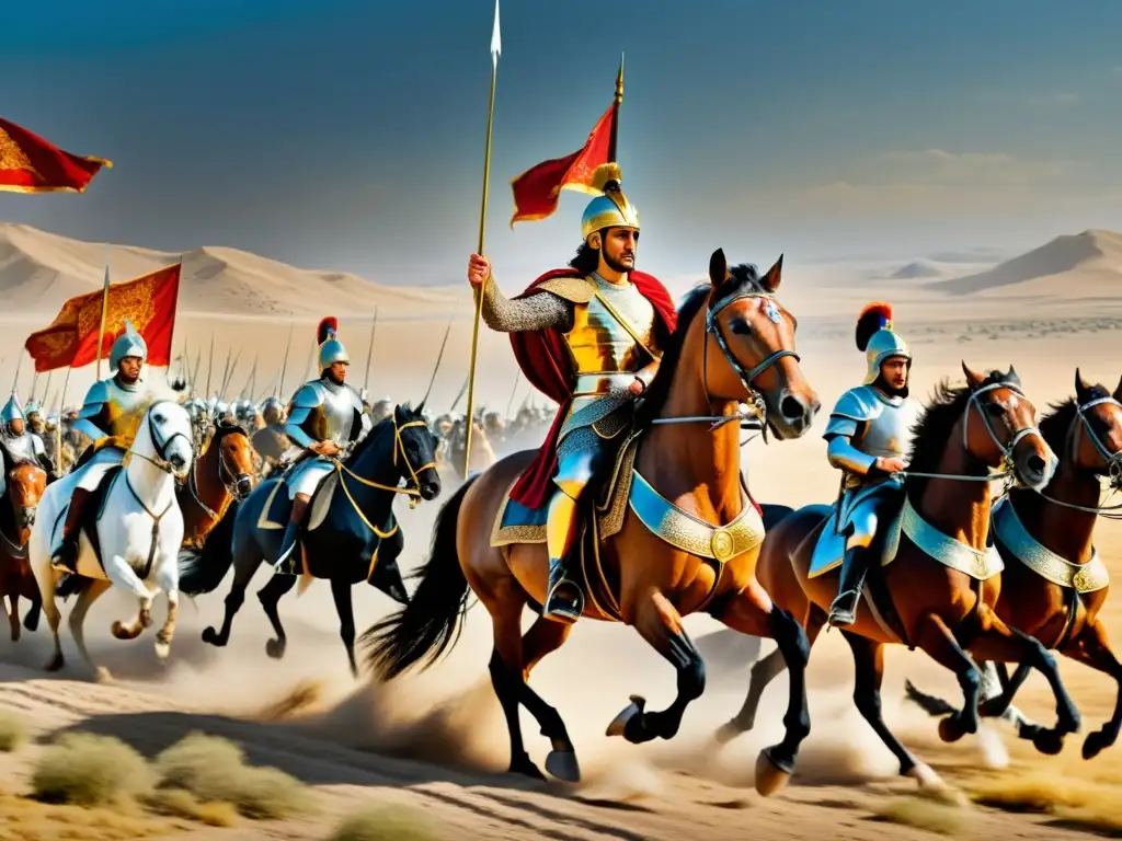 La majestuosa conquista de Alejandro Magno en el Imperio Persa, con su vasto ejército cruzando las llanuras desoladas