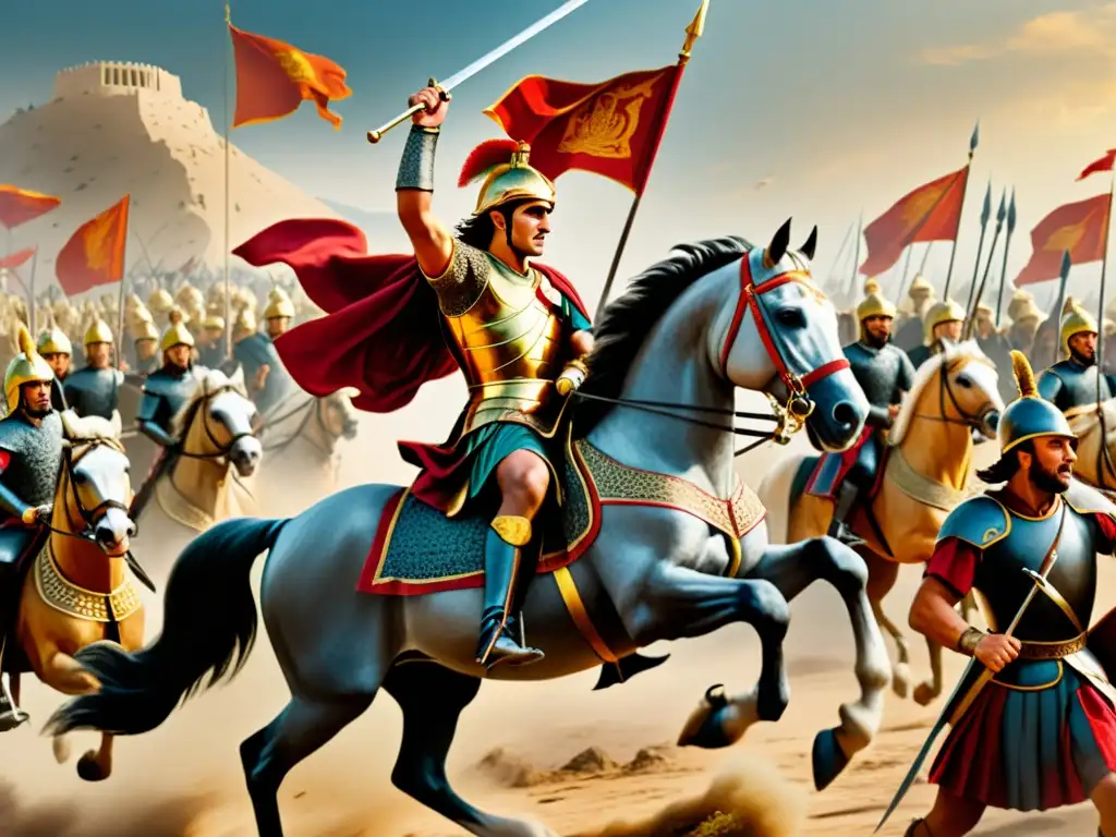 La majestuosa conquista de Alejandro Magno enfrentando al Imperio Persa en una ilustración detallada en sepia