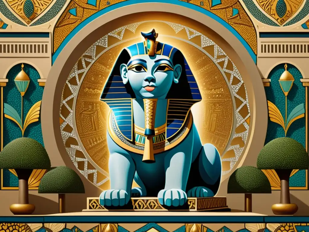 Majestuoso mosaico de esfinge egipcia con patrones persas Una majestuosa esfinge con patrones persas en un mosaico fusiona arte egipcio y persa