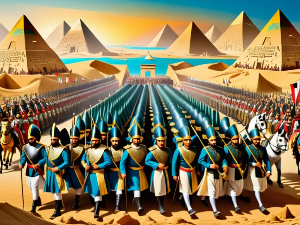 Una majestuosa procesión de soldados persas y funcionarios egipcios, fusionando elementos culturales