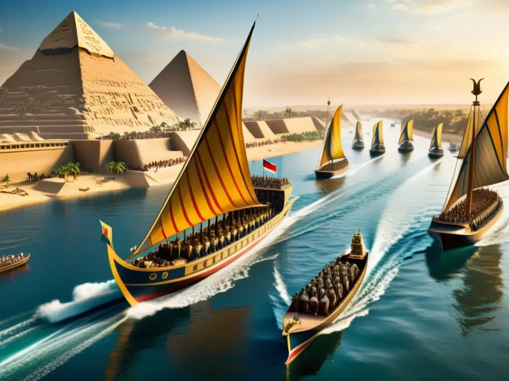 Las majestuosas naves de guerra del antiguo Egipto en el Nilo, listas para la batalla
