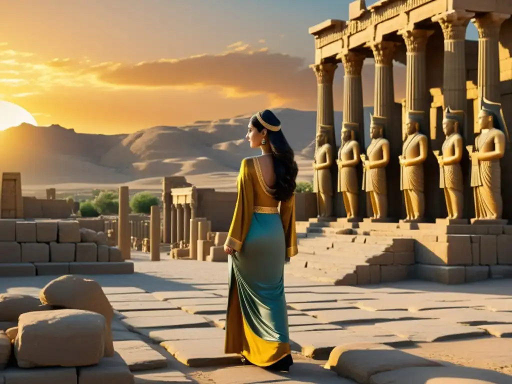 Majestuosas ruinas de Persepolis al atardecer, mostrando la grandeza de la Religión persa en la feria