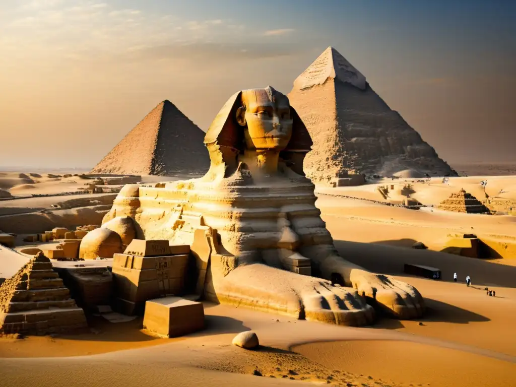 Majestuosa Esfinge de Giza: Detalles Sepia La majestuosidad del Gran Esfinge de Guiza en sepia, con detalle y misterio en el desierto egipcio