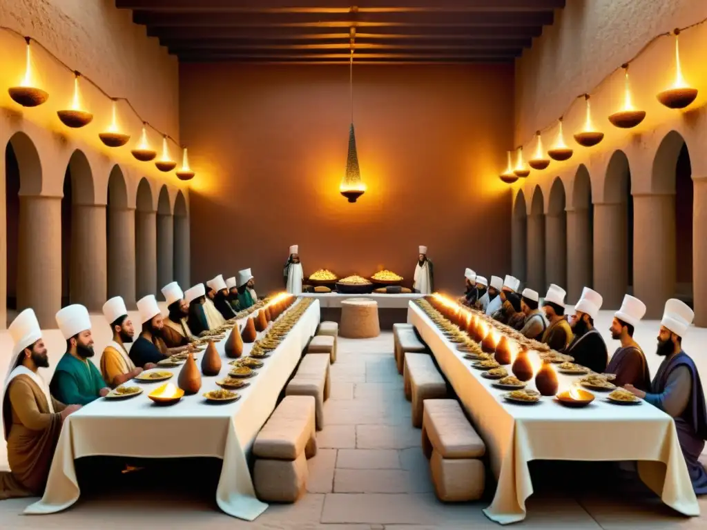 Banquete en Mesopotamia: Detalle sepia de un festín ancestral Un majestuoso banquete en Mesopotamia con menús antiguos de Mesopotamia, invitados y decoración suntuosa